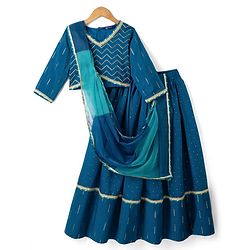 Pine Kids Woven Lehenga Choli with Dupatta Full Sleeves and Chevron Foil Print in Teal Blue