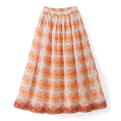Pine Kids Woven Lehenga Choli & Dupatta with Half Sleeves and Floral Print in Orange