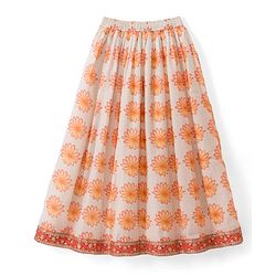 Pine Kids Woven Lehenga Choli & Dupatta with Half Sleeves and Floral Print in Orange