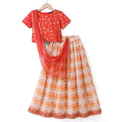 Pine Kids Woven Lehenga Choli & Dupatta with Half Sleeves and Floral Print in Orange