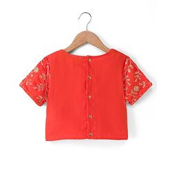 Pine Kids Woven Lehenga Choli & Dupatta with Half Sleeves and Floral Print in Orange
