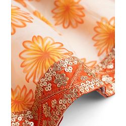 Pine Kids Woven Lehenga Choli & Dupatta with Half Sleeves and Floral Print in Orange