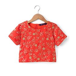 Pine Kids Woven Lehenga Choli & Dupatta with Half Sleeves and Floral Print in Orange