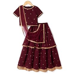 Pine Kids Woven Half Sleeves Choli and Lehenga with Dupatta Full Length and Sequins Embroidery in Wine