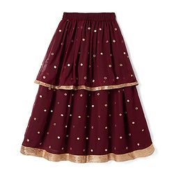 Pine Kids Woven Half Sleeves Choli and Lehenga with Dupatta Full Length and Sequins Embroidery in Wine