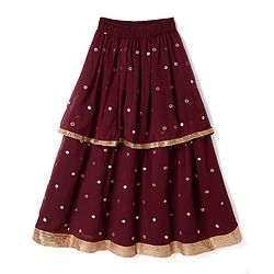 Pine Kids Woven Half Sleeves Choli and Lehenga with Dupatta Full Length and Sequins Embroidery in Wine