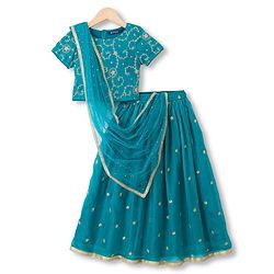 Pine Kids Woven Half Sleeves Choli and Lehenga with Dupatta and Floral Embroidery with Sequins - Sea Green