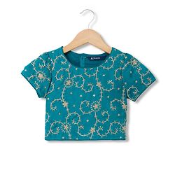 Pine Kids Woven Half Sleeves Choli and Lehenga with Dupatta and Floral Embroidery with Sequins - Sea Green