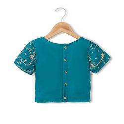 Pine Kids Woven Half Sleeves Choli and Lehenga with Dupatta and Floral Embroidery with Sequins - Sea Green