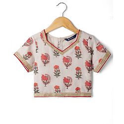 Pine Kids Woven Lehenga Choli & Dupatta Set with Half Sleeves and Floral Print in Offwhite