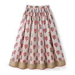 Pine Kids Woven Lehenga Choli & Dupatta Set with Half Sleeves and Floral Print in Offwhite