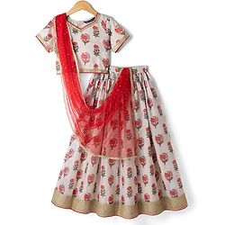 Pine Kids Woven Lehenga Choli & Dupatta Set with Half Sleeves and Floral Print in Offwhite