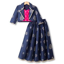 Pine Kids Woven Sleeveless Printed Choli & Lehenga Set With Jacket - Navy Blue