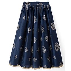 Pine Kids Woven Sleeveless Printed Choli & Lehenga Set With Jacket - Navy Blue