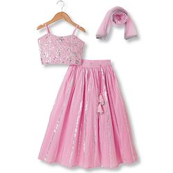 Pine Kids Woven Singlet Choli and Lehenga with Dupatta and Floral Embroidery with Sequins - Pink