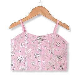 Pine Kids Woven Singlet Choli and Lehenga with Dupatta and Floral Embroidery with Sequins - Pink