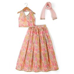 Pine Kids Woven Lehenga Choli and Dupatta with Sleeveless and Leaves Print in Light Pink