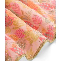Pine Kids Woven Lehenga Choli and Dupatta with Sleeveless and Leaves Print in Light Pink