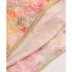 Pine Kids Woven Lehenga Choli and Dupatta with Sleeveless and Leaves Print in Light Pink