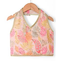 Pine Kids Woven Lehenga Choli and Dupatta with Sleeveless and Leaves Print in Light Pink