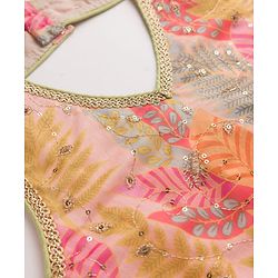 Pine Kids Woven Lehenga Choli and Dupatta with Sleeveless and Leaves Print in Light Pink