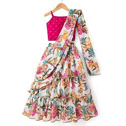 Pine Kids Woven Full Sleeves Choli Lehenga & Dupatta with Full Length and Floral Print in Pink