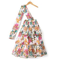 Pine Kids Woven Full Sleeves Choli Lehenga & Dupatta with Full Length and Floral Print in Pink