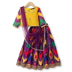 Pine Kids Woven Full Sleeves Choli and Lehenga with Dupatta and Floral Print and Sequins - Yellow