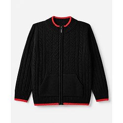 Pine Kids Knit Full Sleeves Front Open Sweater with Cable Knit Design - Black