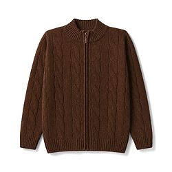 Pine Kids Knit Full Sleeves Front Open Sweater with Cable Knit Design - Brown