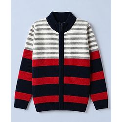 Pine Kids Knit Front Open Sweater with Full Sleeves and Striped Design - Red