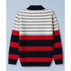 Pine Kids Knit Front Open Sweater with Full Sleeves and Striped Design - Red