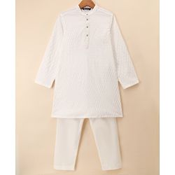 Pine Kids Woven Full Sleeves Embroidered Kurta & Pyjama Set - White