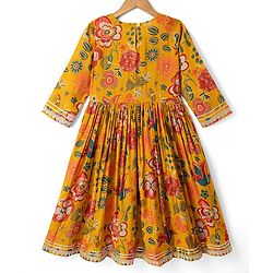 Pine Kids Woven Three Fourth Sleeves Kurti, Sharara and Dupatta with Floral Print in Mustard