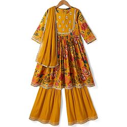 Pine Kids Woven Three Fourth Sleeves Kurti, Sharara and Dupatta with Floral Print in Mustard