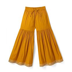 Pine Kids Woven Three Fourth Sleeves Kurti, Sharara and Dupatta with Floral Print in Mustard