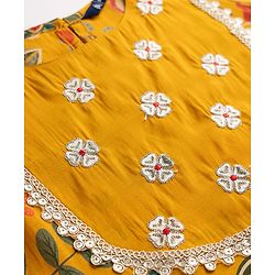Pine Kids Woven Three Fourth Sleeves Kurti, Sharara and Dupatta with Floral Print in Mustard