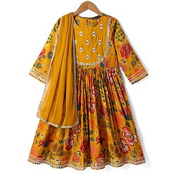 Pine Kids Woven Three Fourth Sleeves Kurti, Sharara and Dupatta with Floral Print in Mustard