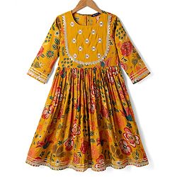 Pine Kids Woven Three Fourth Sleeves Kurti, Sharara and Dupatta with Floral Print in Mustard