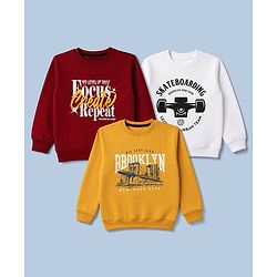 Pine Kids Cotton Mix Knit Sweatshirts with Full Sleeves and Text Print Pack of 3 - Maroon & White