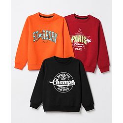 Pine Kids Cotton Mixes Knit Sweatshirts with Full Sleeves and Starborn Champs Paris Print Pack of 3 - Orange Red Black