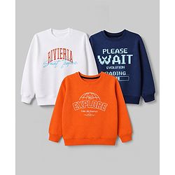 Pine Kids Cotton Mixes Knit Sweatshirts with Full Sleeves and Rivera Explore & Please Wait Print Pack of 3 - Navy Blue Orange White