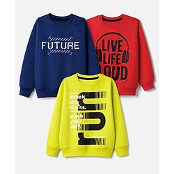 Pine Kids Cotton Mix Knit Sweatshirts with Full Sleeves and Text Print Pack of 3 in Navy Blue