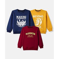 Pine Kids Cotton Mix Knit Full Sleeves Sweatshirt With Text Print Pack of 3 - Navy Blue, Red & Yellow