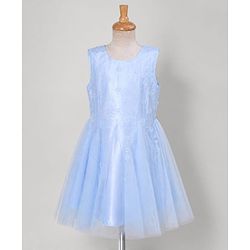 Pine Kids Woven Mesh Sleeveless Party Dress with Floral Applique & Sequined Design - Light Blue