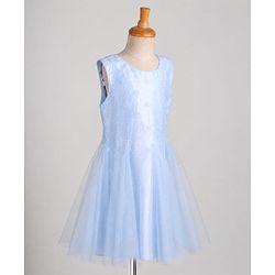 Pine Kids Woven Mesh Sleeveless Party Dress with Floral Applique & Sequined Design - Light Blue
