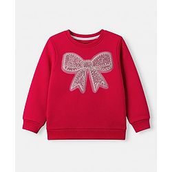 Pine Kids Cotton Mix Knit Sweatshirt with Full Sleeves and Bow Sequins Detailing in Red