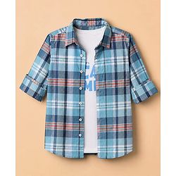 Pine Kids 100% Cotton Woven Full Sleeves Shirt and Tank Top with It' Vacay Time Print in Light/Sky Blue