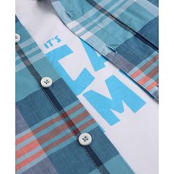 Pine Kids 100% Cotton Woven Full Sleeves Shirt and Tank Top with It' Vacay Time Print in Light/Sky Blue