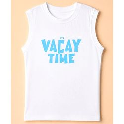 Pine Kids 100% Cotton Woven Full Sleeves Shirt and Tank Top with It' Vacay Time Print in Light/Sky Blue